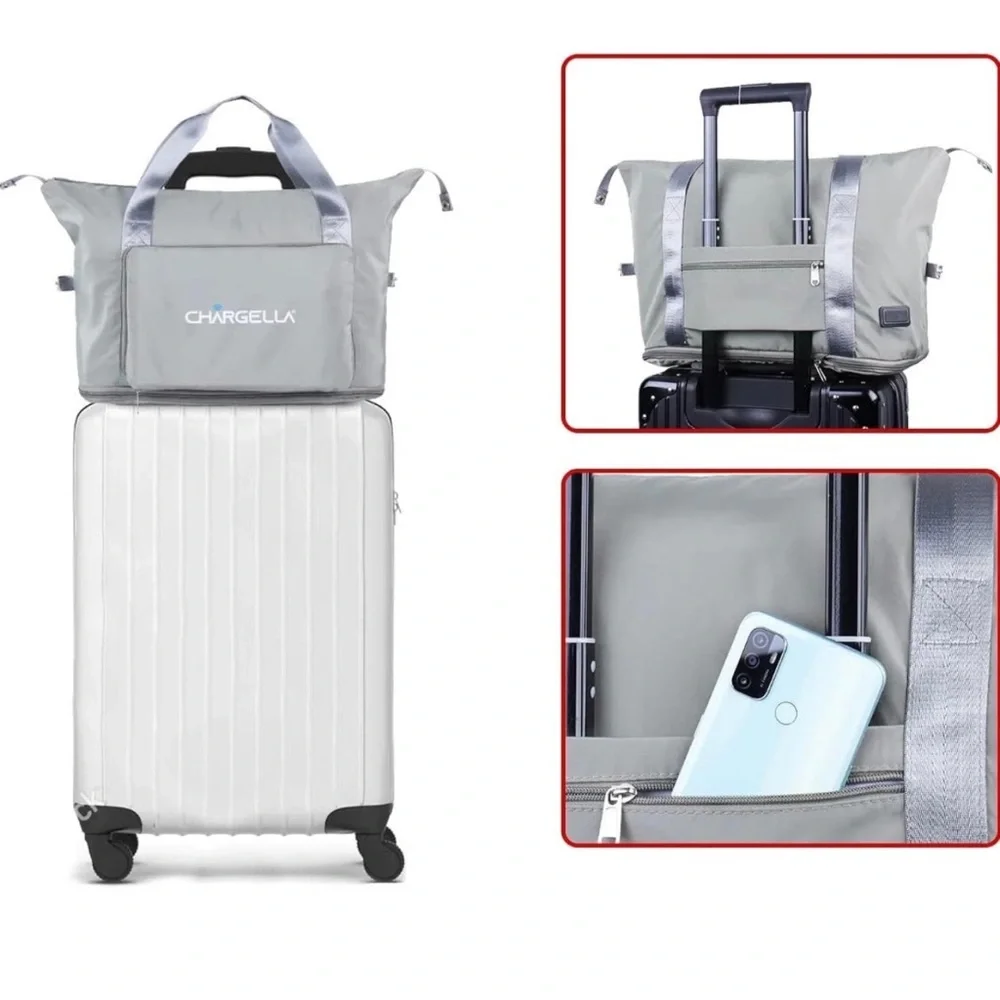Chargella Large Folding Duffel Tote Bag Shoulder Luggage Handbag Charging Port